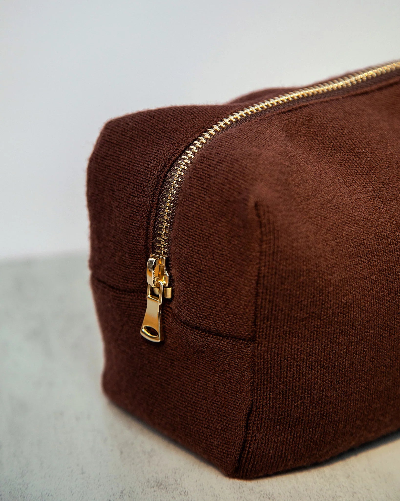 Rich Cocoa Soft Fabric Storage Bag with Polished Gold Zip Hardware, Multi-Purpose for Daily Cosmetic & Travel Organizing