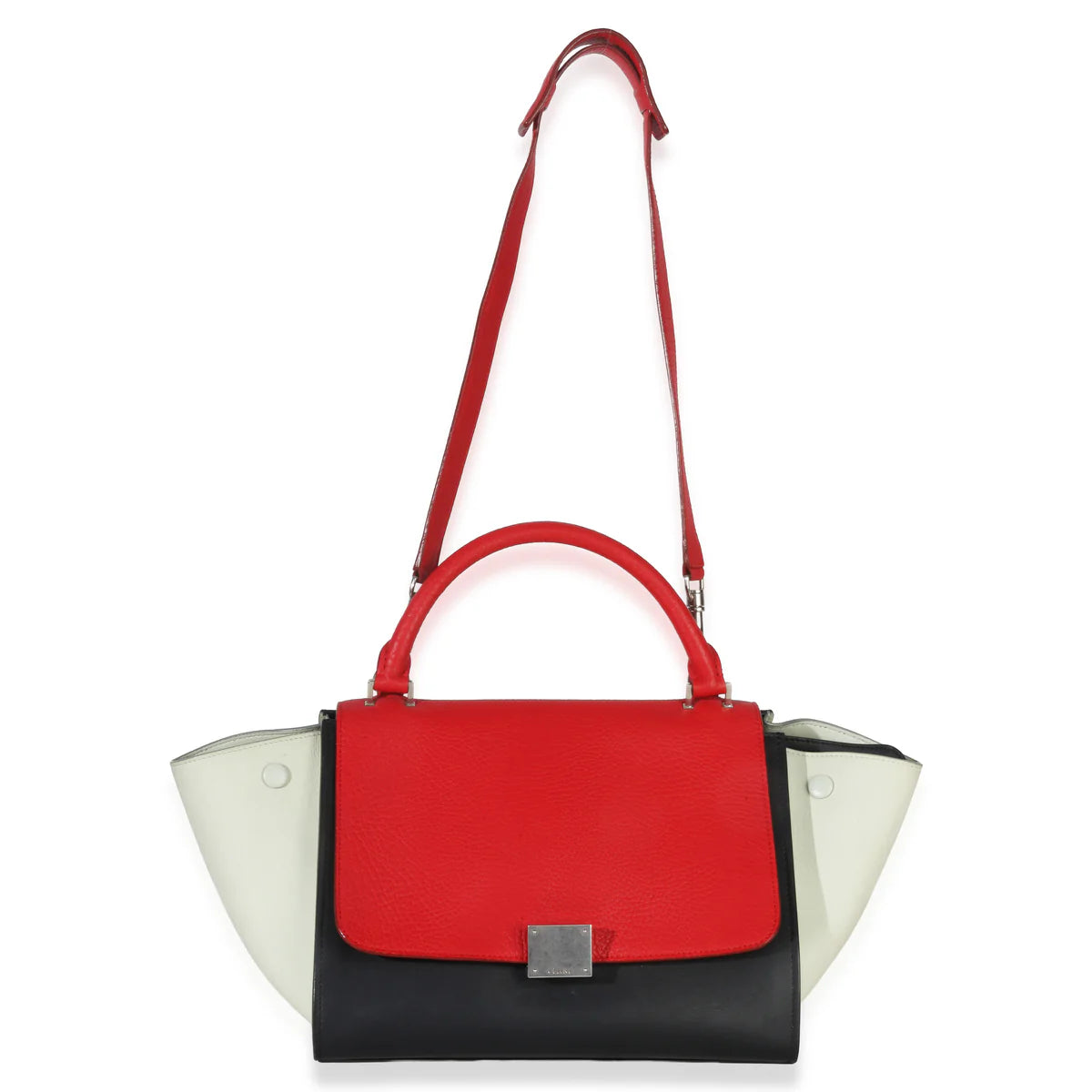 Tri-Tone Contrast Trapezoid Bag, Red Handle & Adjustable Crossbody Strap for Elegant Daily Outfits
