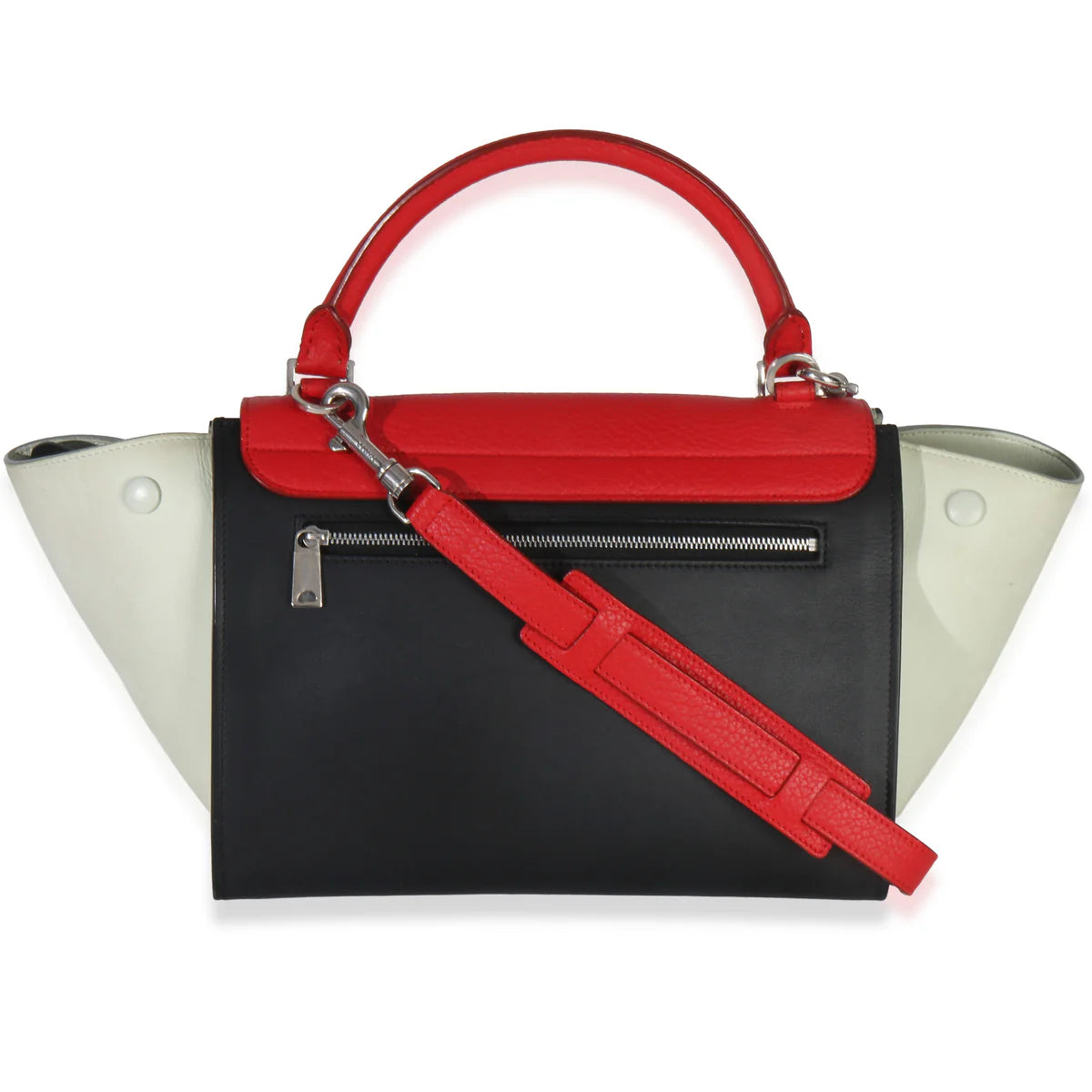 Tri-Tone Contrast Trapezoid Bag, Red Handle & Adjustable Crossbody Strap for Elegant Daily Outfits
