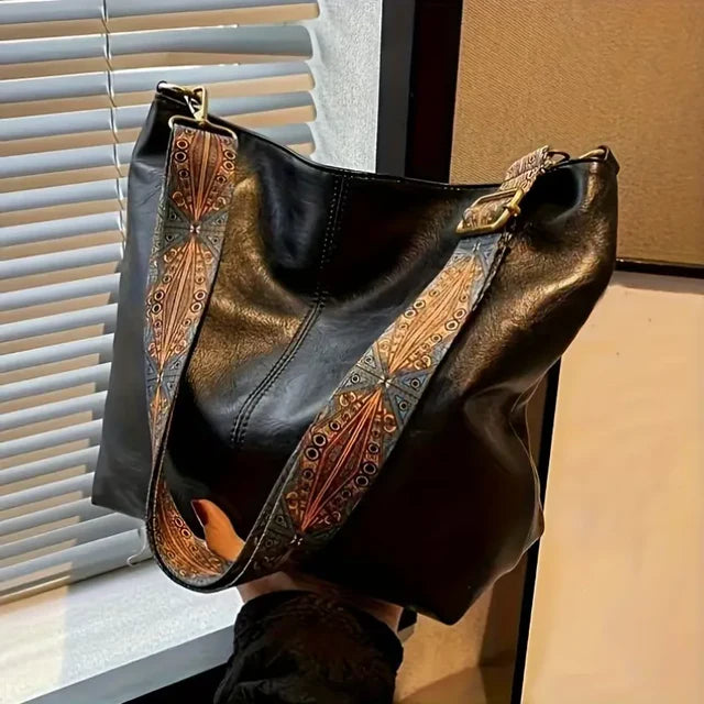 Vintage Leather Hobo Shoulder Bag, Ornate Printed Adjustable Wide Strap Casual Daily