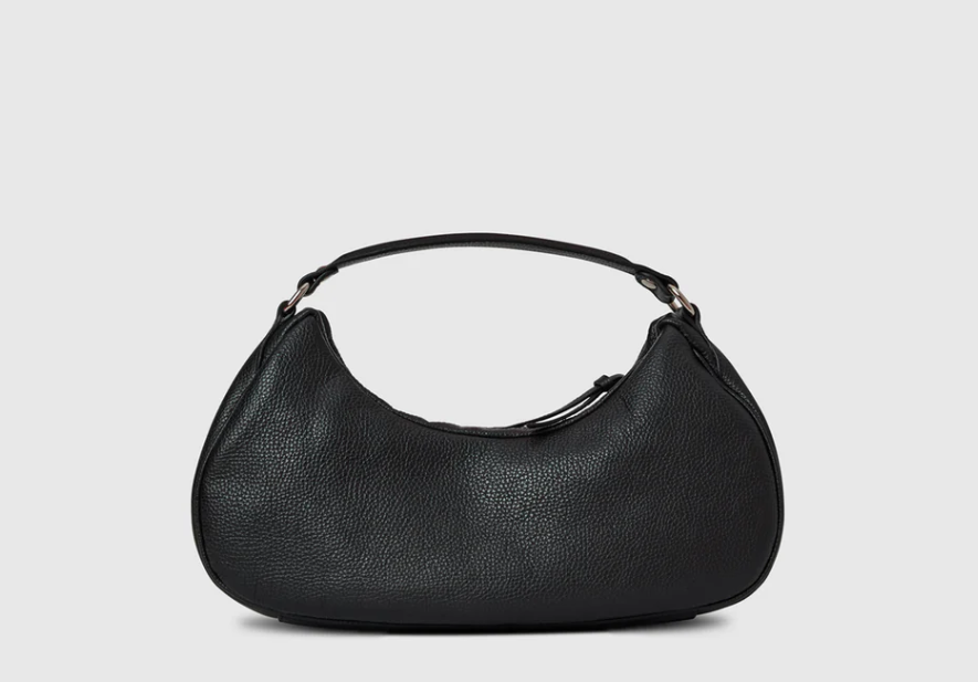 Timeless Jet-Black Grained Leather Crescent Shoulder Bag, Dual Premium Carry Hardware with Detachable Customizable Crossbody Strap, Sophisticated Versatile Daily Ensemble Bag