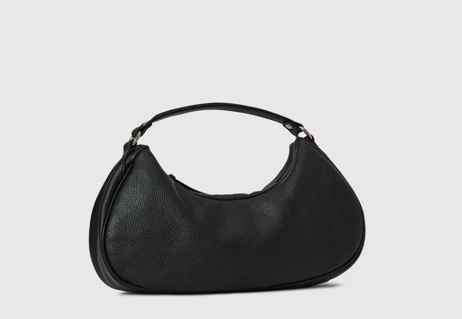 Timeless Jet-Black Grained Leather Crescent Shoulder Bag, Dual Premium Carry Hardware with Detachable Customizable Crossbody Strap, Sophisticated Versatile Daily Ensemble Bag
