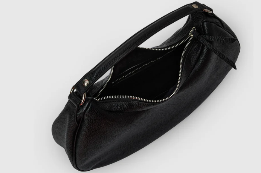 Timeless Jet-Black Grained Leather Crescent Shoulder Bag, Dual Premium Carry Hardware with Detachable Customizable Crossbody Strap, Sophisticated Versatile Daily Ensemble Bag