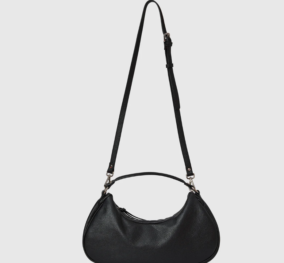 Timeless Jet-Black Grained Leather Crescent Shoulder Bag, Dual Premium Carry Hardware with Detachable Customizable Crossbody Strap, Sophisticated Versatile Daily Ensemble Bag