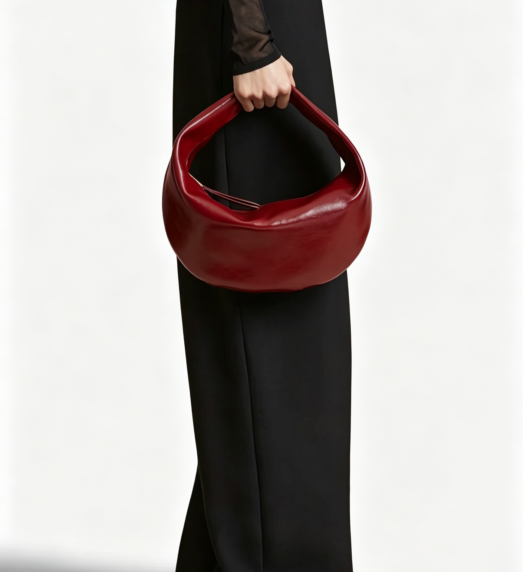 Glossy Burgundy Leather Loop Handle Hobo Shoulder Bag, Minimalist Curved Silhouette Daily Matching Hand Bag