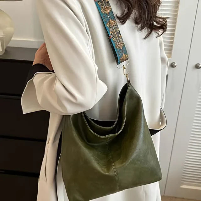 Vintage Leather Hobo Shoulder Bag, Ornate Printed Adjustable Wide Strap Casual Daily