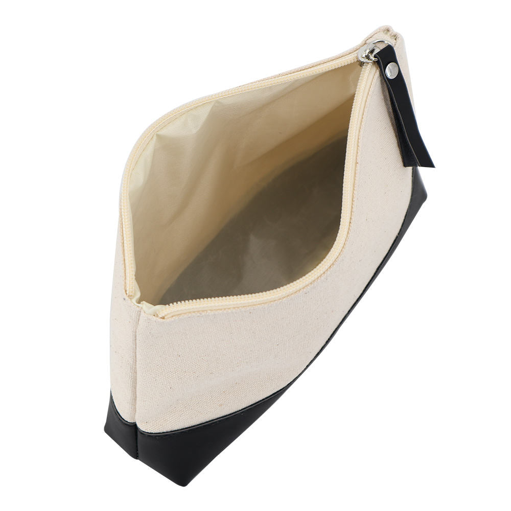 Neutral Off-White Contrast Zipper Bag with Leather Tab Accent & Silver Metal Fittings for Work & Travel Use