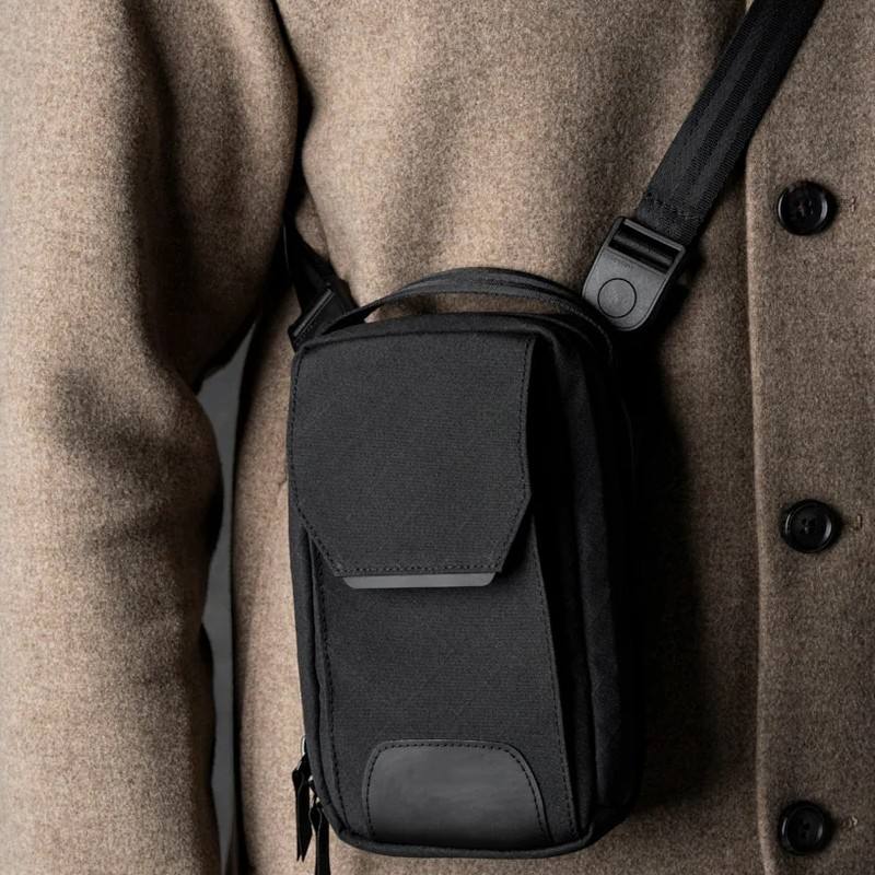 Compact Black Mini Phone Chest Bag with Leather Accent Adjustable Strap