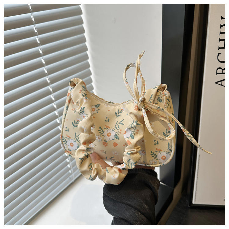Soft Floral Small Underarm Bag with Ruched Self-Tie Strap