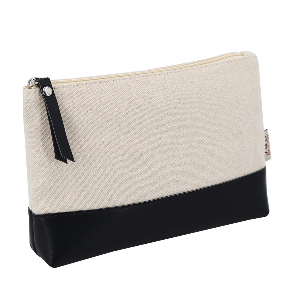 Neutral Off-White Contrast Zipper Bag with Leather Tab Accent & Silver Metal Fittings for Work & Travel Use