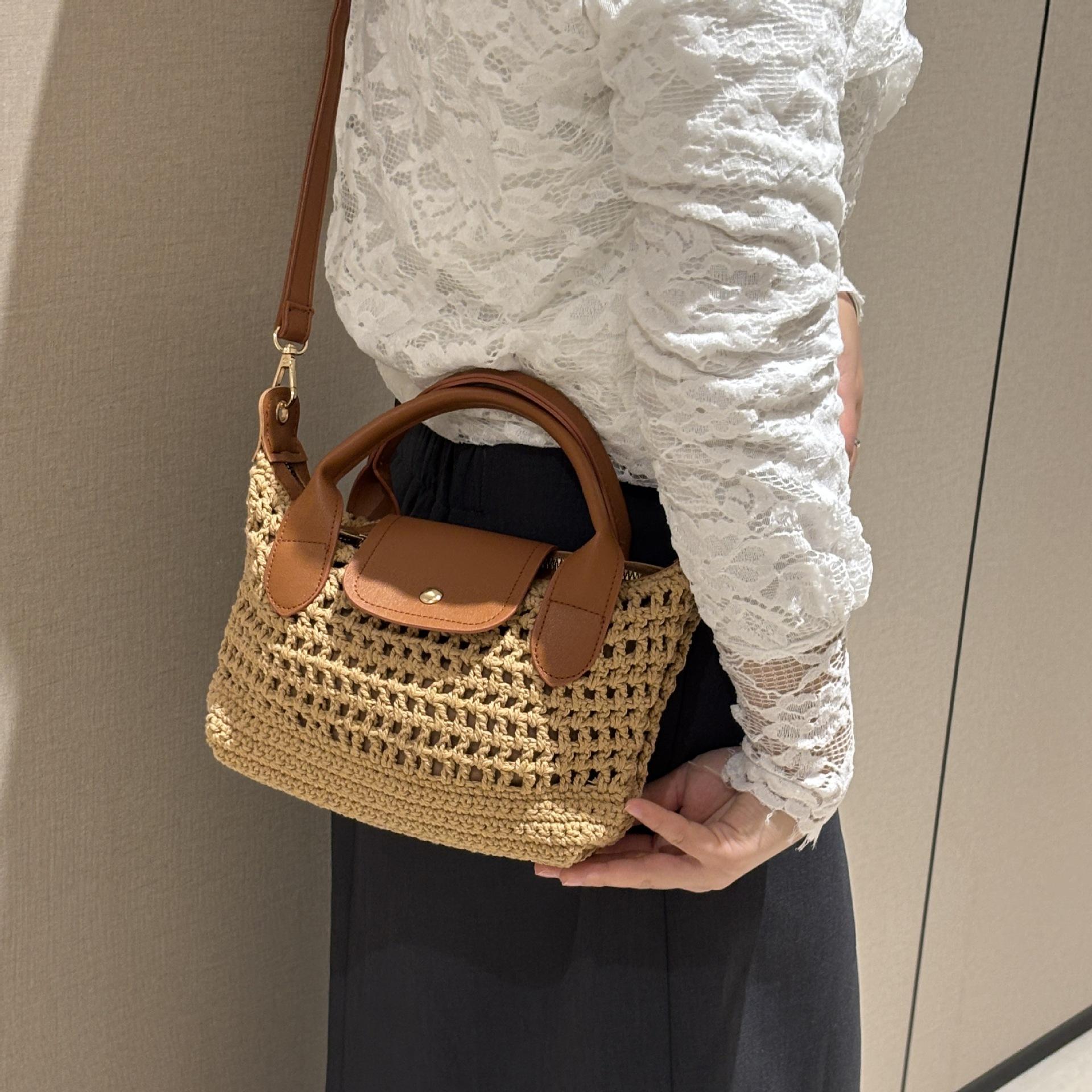 Woven Mini Hand Bag with Patch Hardware, Detachable Crossbody Strap Summer Casual Matching Tote Bag for Women