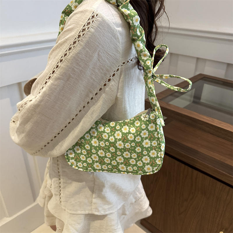 Soft Floral Small Underarm Bag with Ruched Self-Tie Strap