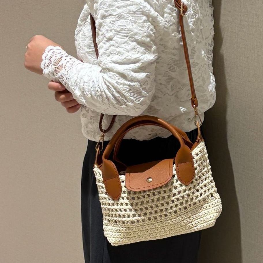 Woven Mini Hand Bag with Patch Hardware, Detachable Crossbody Strap Summer Casual Matching Tote Bag for Women