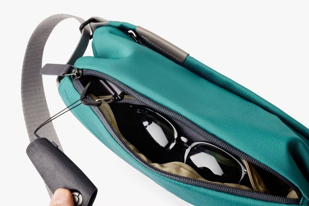 Multi-Wear Teal Mini Sling Bag Featuring Leather Trim, Magnetic Buckle & Adjustable Wide Strap for All-Day Daily Outfits