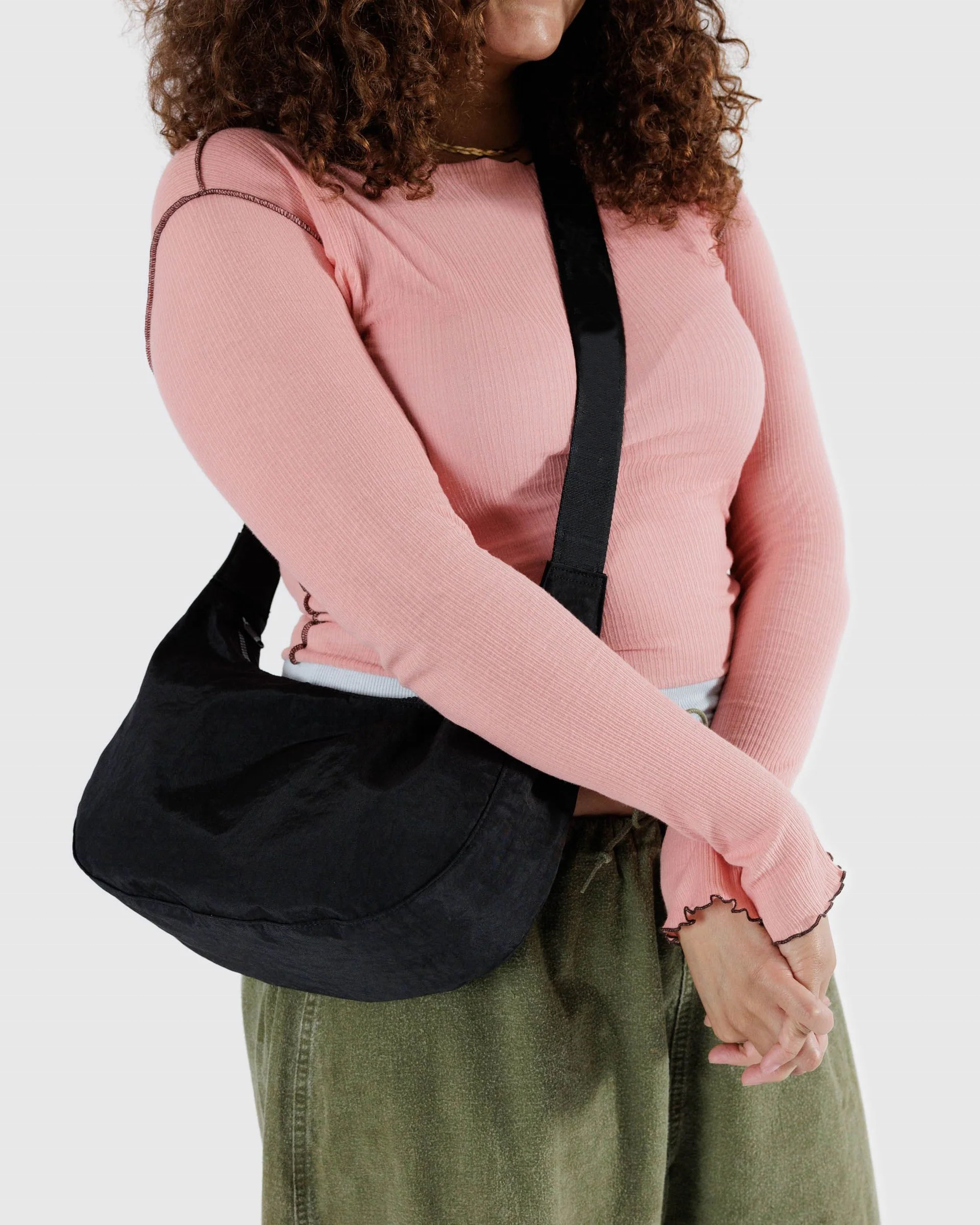 Soft Crescent Crossbody Bag with Adjustable Knotted Black Fabric Strap for Street Daily Outfits