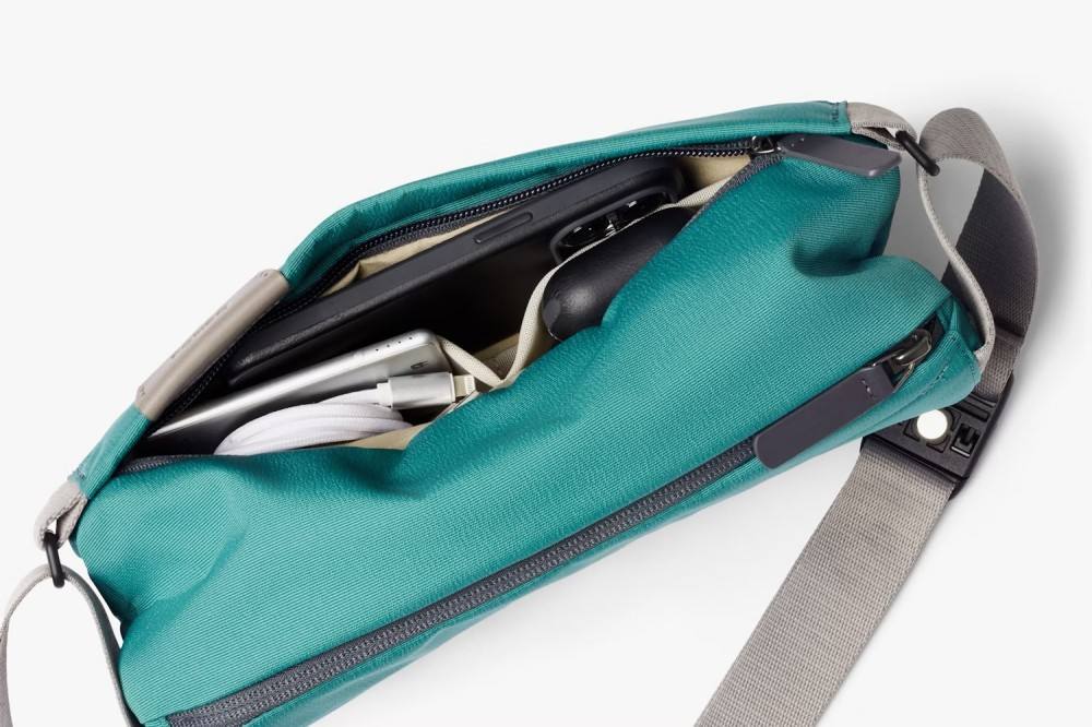 Multi-Wear Teal Mini Sling Bag Featuring Leather Trim, Magnetic Buckle & Adjustable Wide Strap for All-Day Daily Outfits
