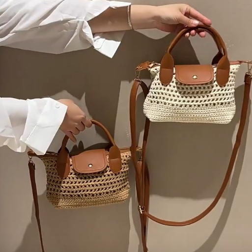 Woven Mini Hand Bag with Patch Hardware, Detachable Crossbody Strap Summer Casual Matching Tote Bag for Women