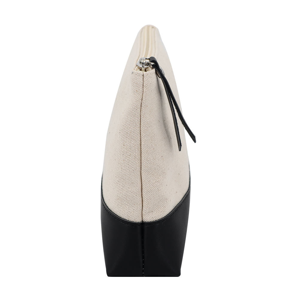 Neutral Off-White Contrast Zipper Bag with Leather Tab Accent & Silver Metal Fittings for Work & Travel Use