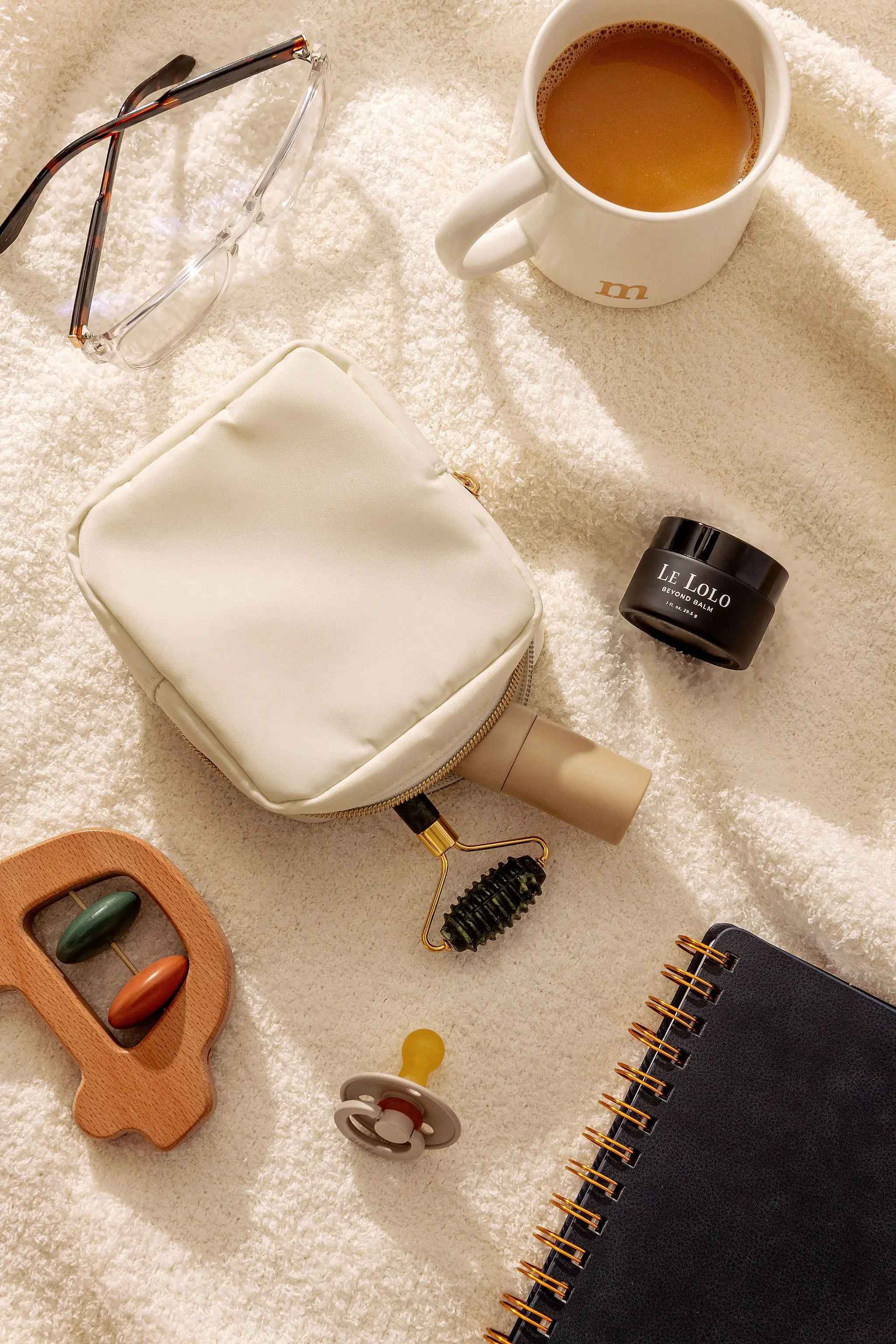 Soft Ivory Padded Clutch Bag with Polished Golden Metal Zip Fittings for Gentle Minimalist Daily Handheld Styling