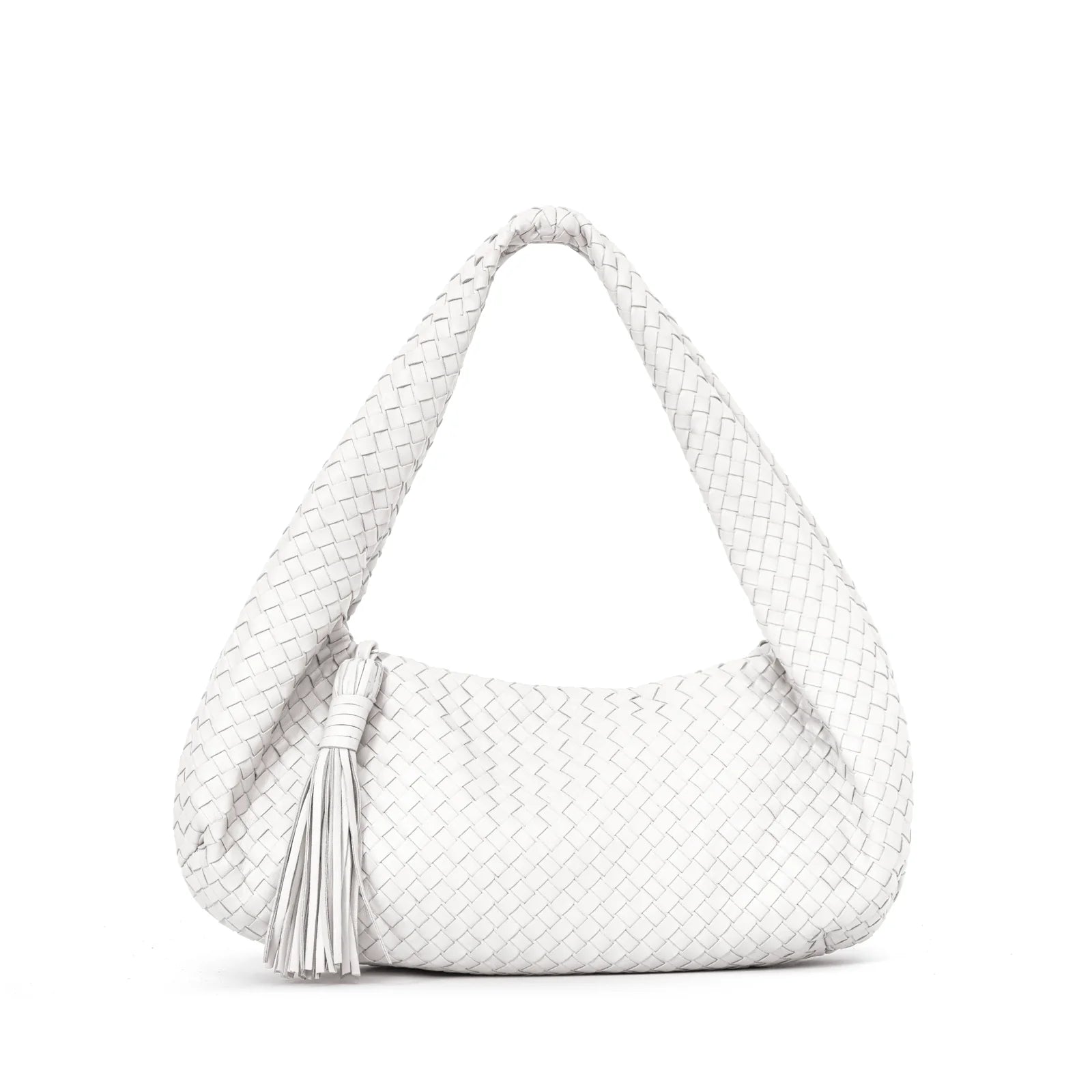 White Woven Leather Hobo Bag with Tassel for Minimalist Daily Outfits