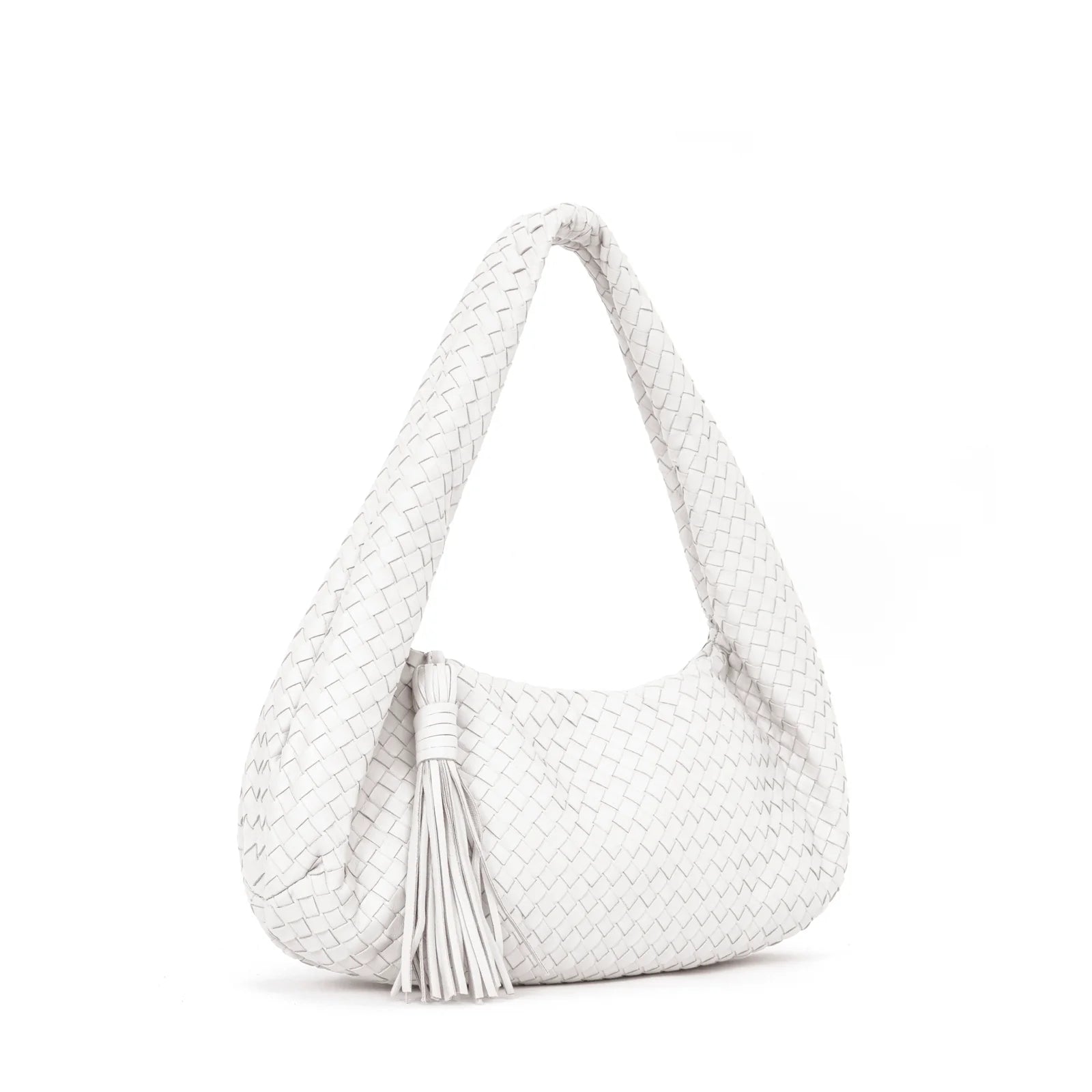 White Woven Leather Hobo Bag with Tassel for Minimalist Daily Outfits