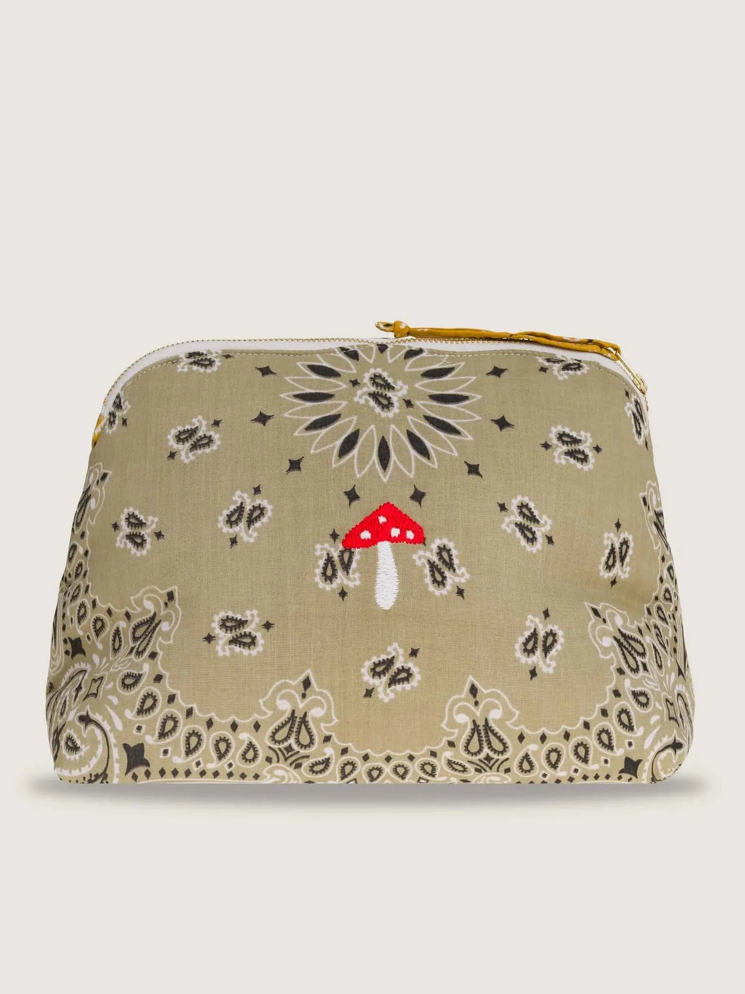 Khaki Bandana Printed Storage Bag with Red Mushroom Embroidery & Golden Zip Hardware for Casual Daily Outfits