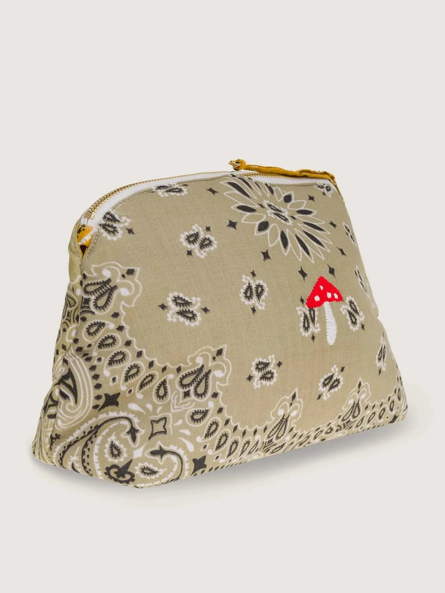 Khaki Bandana Printed Storage Bag with Red Mushroom Embroidery & Golden Zip Hardware for Casual Daily Outfits