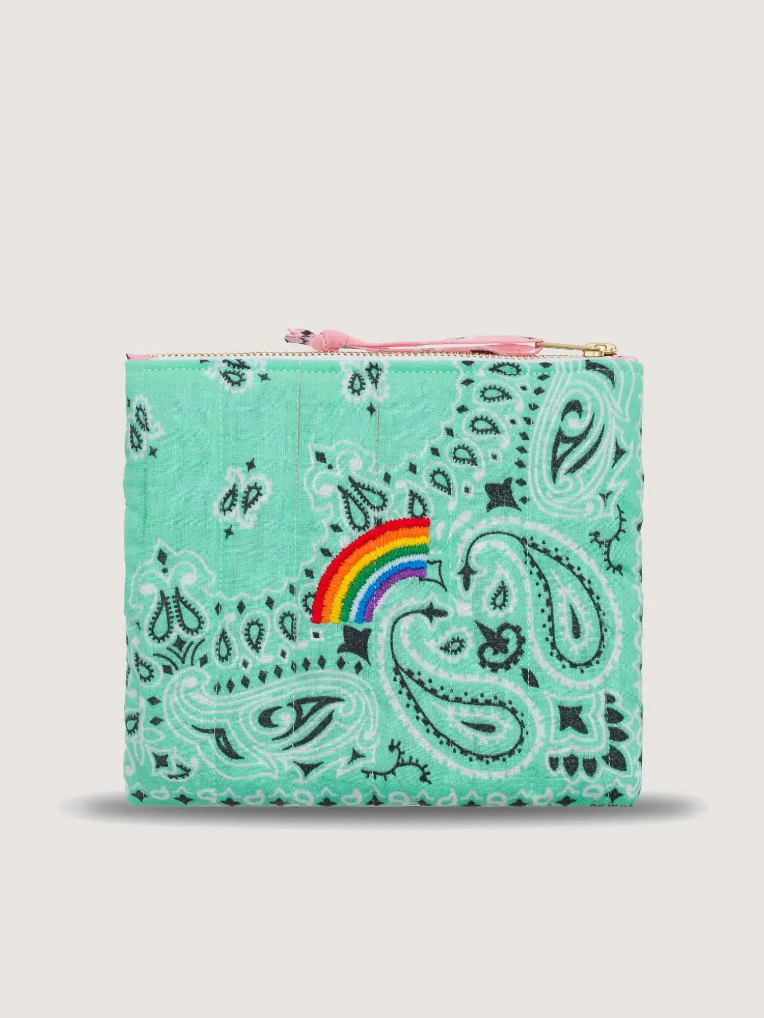 Printed Fabric Bag with Rainbow Embroidery & Pink Gold Zip Fittings for Casual Daily Matching