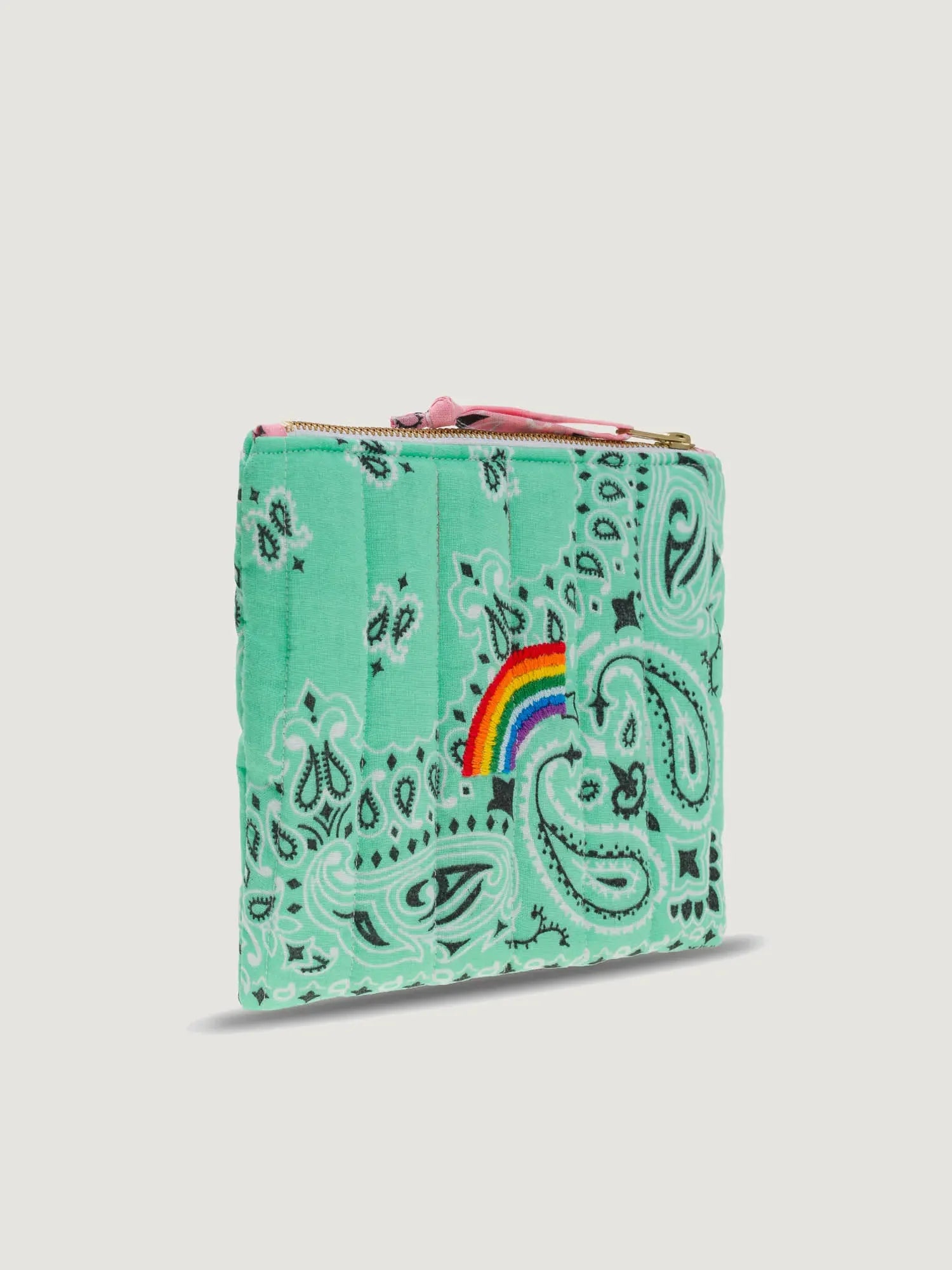 Printed Fabric Bag with Rainbow Embroidery & Pink Gold Zip Fittings for Casual Daily Matching
