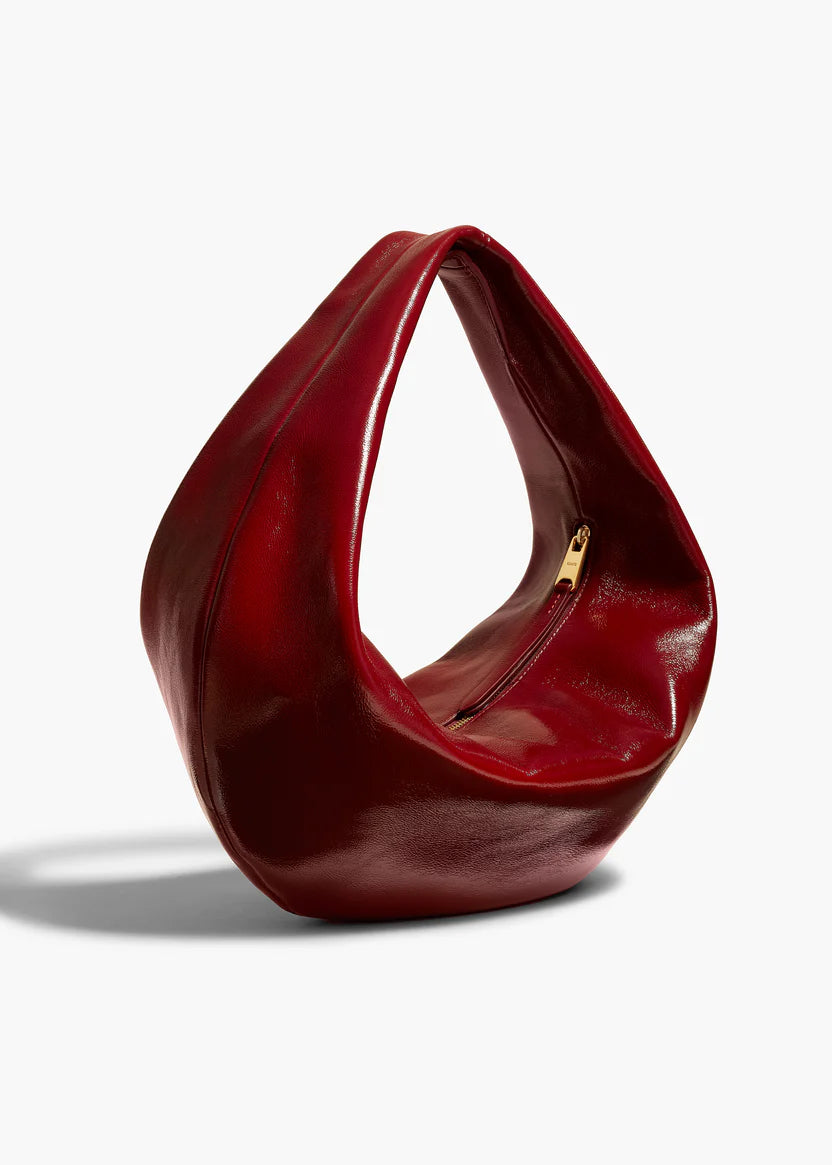 Glossy Burgundy Leather Loop Handle Hobo Shoulder Bag, Minimalist Curved Silhouette Daily Matching Hand Bag
