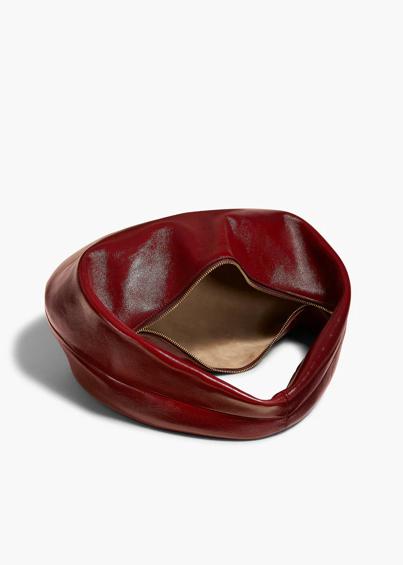Glossy Burgundy Leather Loop Handle Hobo Shoulder Bag, Minimalist Curved Silhouette Daily Matching Hand Bag