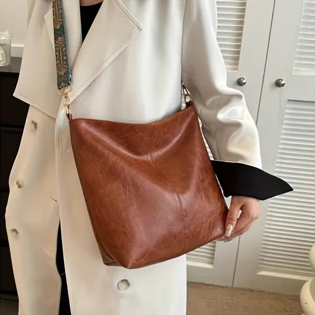 Vintage Leather Hobo Shoulder Bag, Ornate Printed Adjustable Wide Strap Casual Daily
