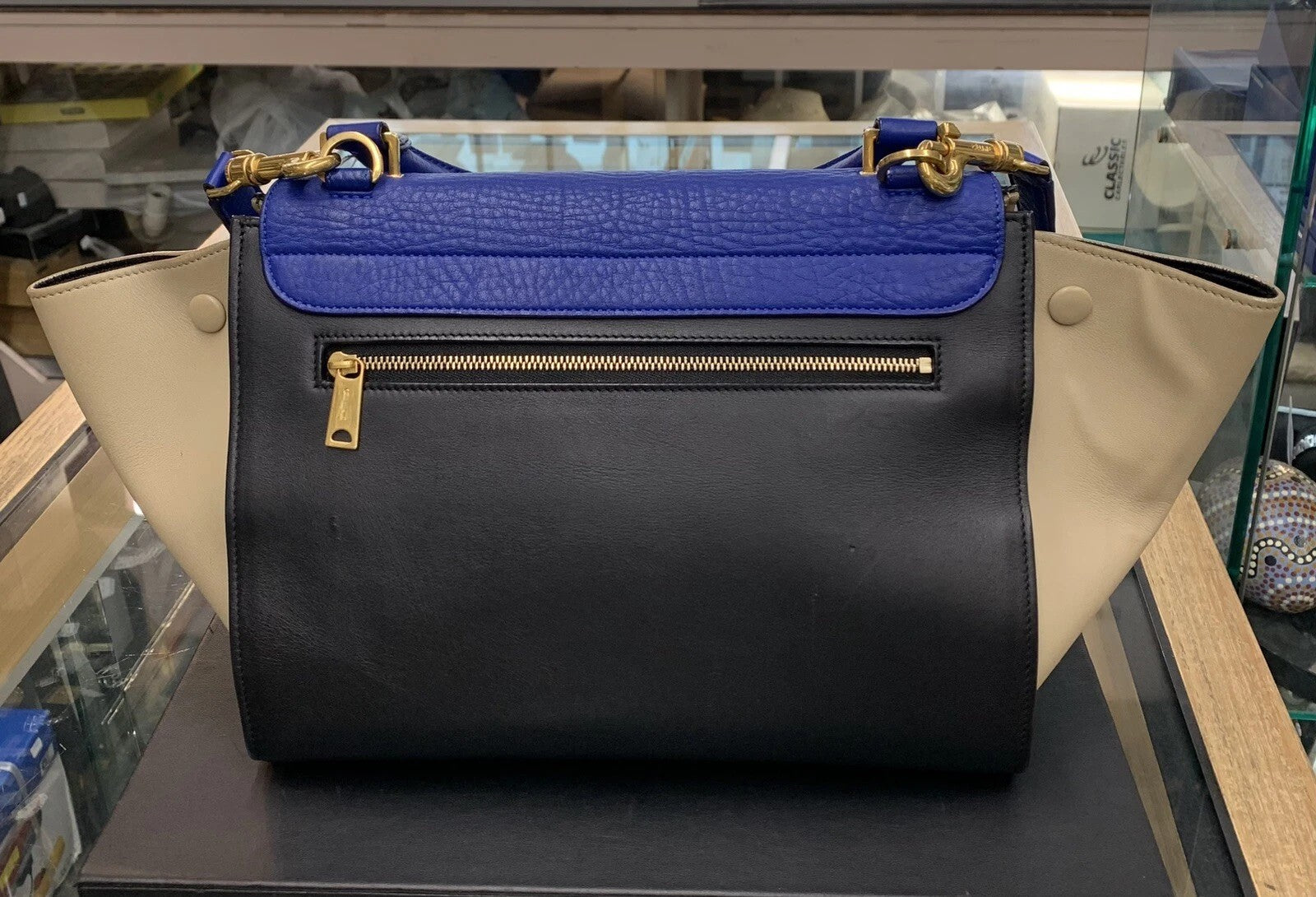 Multi-Tone Cobalt Leather Medium Bag with Glossy Gold Hardware & Detachable Strap for Work & Casual Daily Looks