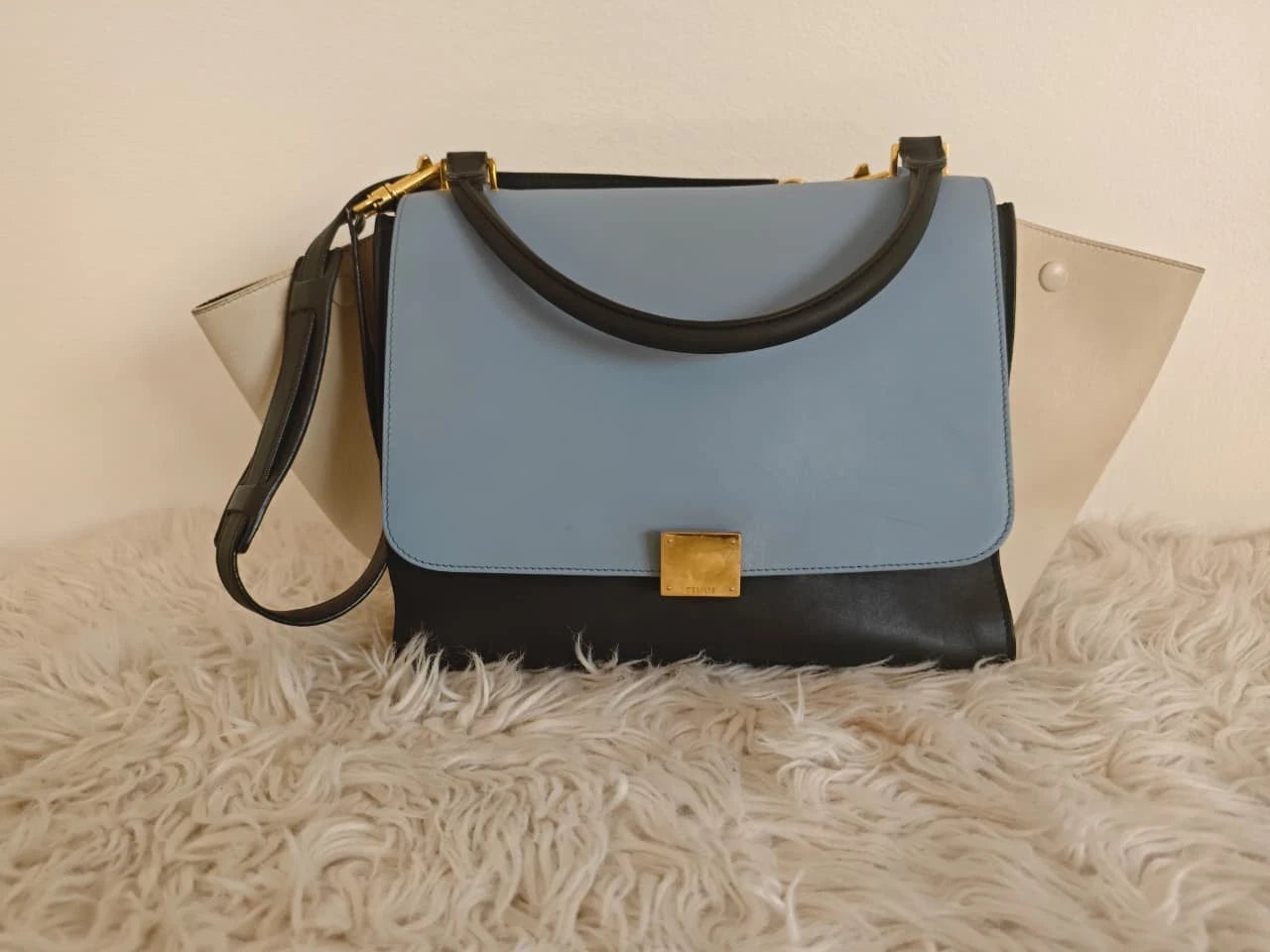 Tri-Color Colorblock Leather Bag -with Gold-Tone Hardware & Removable Strap