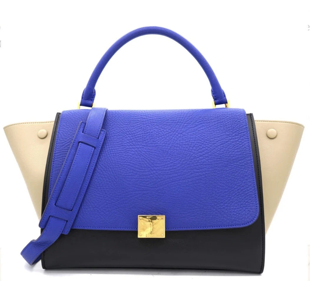 Multi-Tone Cobalt Leather Medium Bag with Glossy Gold Hardware & Detachable Strap for Work & Casual Daily Looks