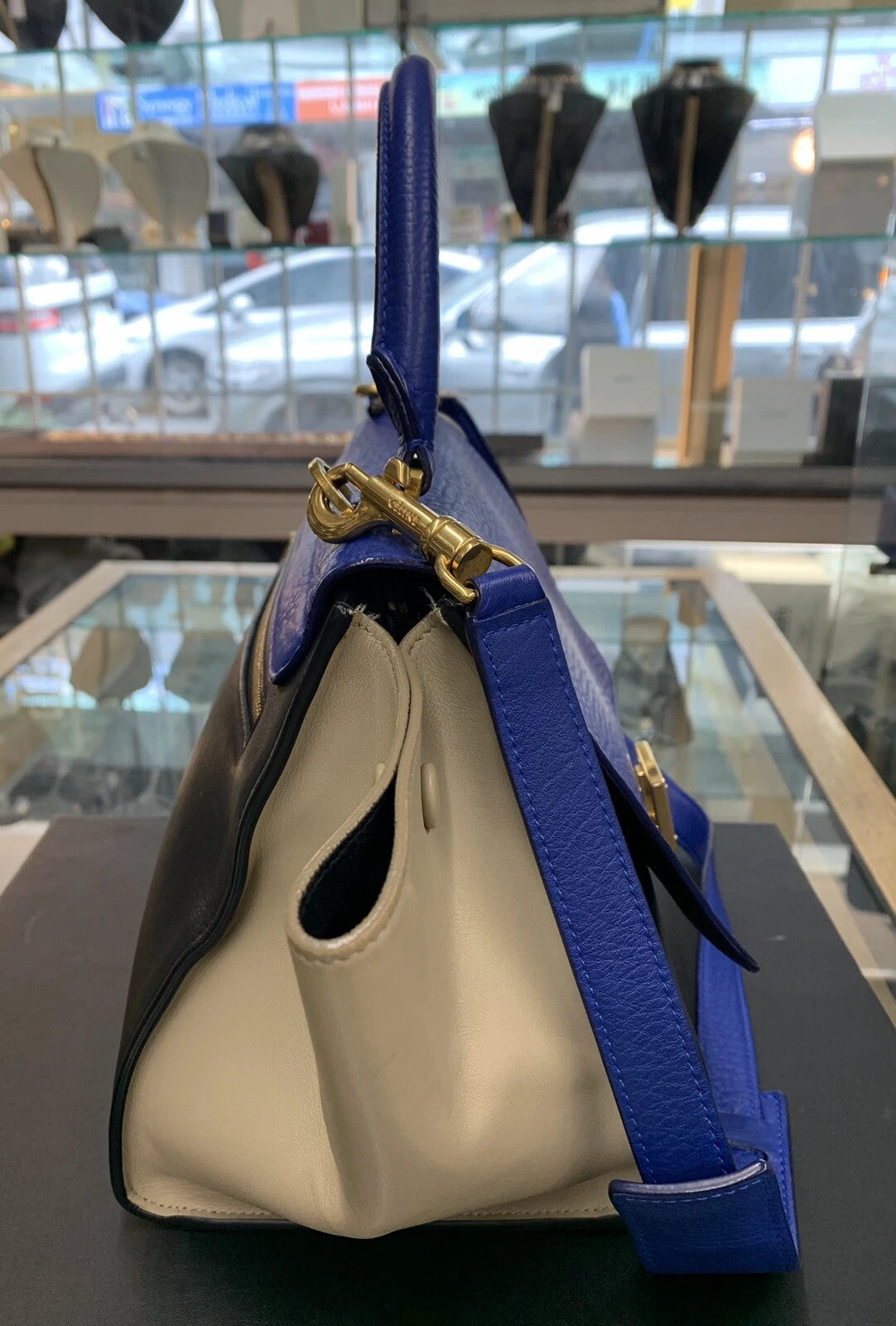 Multi-Tone Cobalt Leather Medium Bag with Glossy Gold Hardware & Detachable Strap for Work & Casual Daily Looks
